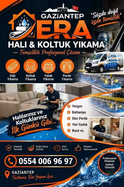 Era Halı Yıkama Gaziantep broşürü: halı, koltuk, yatak, perde, yorgan, battaniye ve baza yıkama – 0554 006 96 97