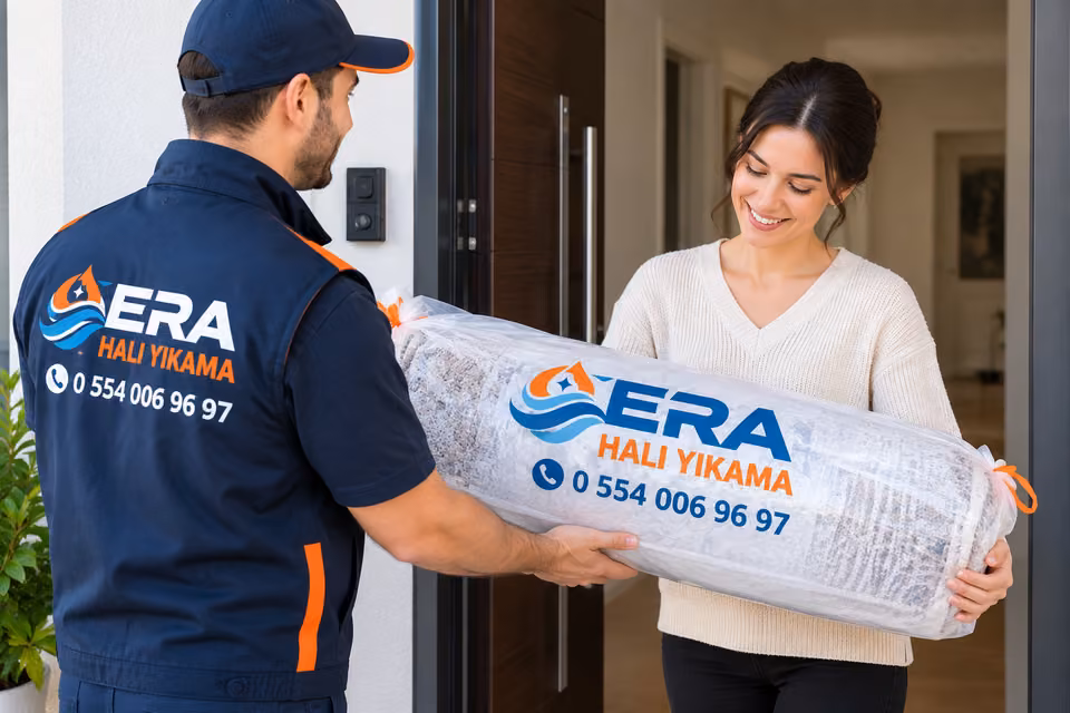 Era Halı Yıkama personeli Gaziantep'te yıkanmış ve paketlenmiş halıyı kapıda müşteriye teslim ediyor